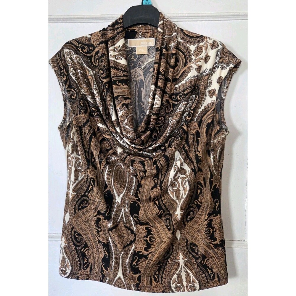 Michael Kors Petite Large Brown White Black Paisley Sleeveless Cowl-Neck Top
